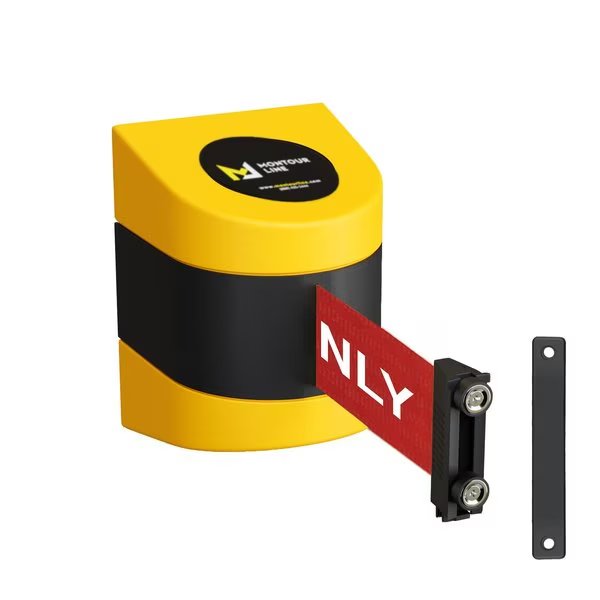 Retr. Belt Barrier Yellow Warehouse Rack Mount, 11ft. R.Auth.Belt (M), Montour Line, Mfr#: WMX140-YW-AUTHRW-WR-M-110